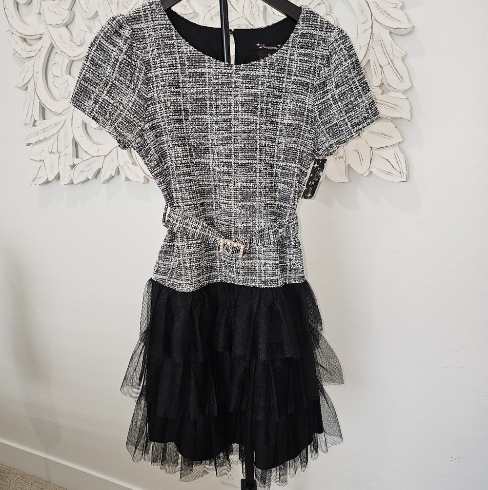 NWT Xtraordinary Formal Black White Tweed Dress Ruffled Tulle Skirt Girls Sz 16